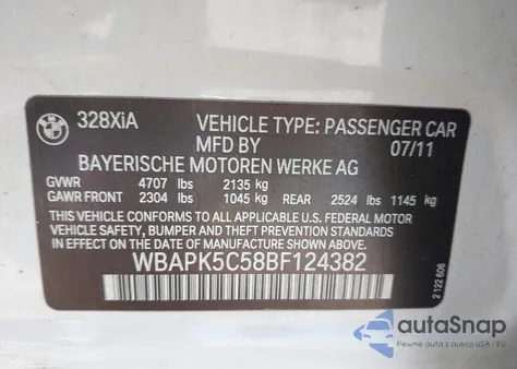 2011 BMW 328I xDrive из США, поврежденный, VIN WBAPK5C58BF124382